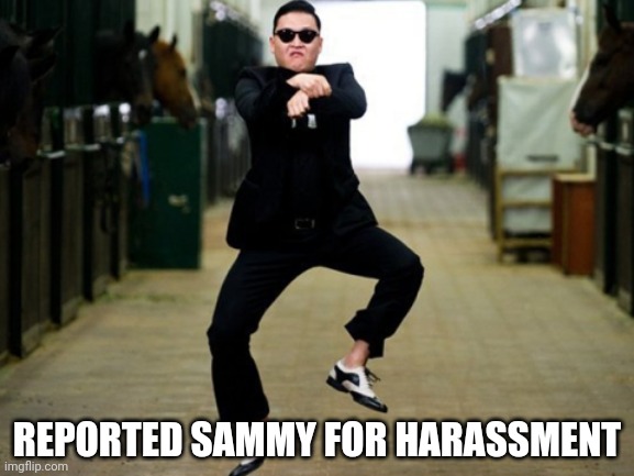 For the millionth time | REPORTED SAMMY FOR HARASSMENT | image tagged in memes,psy horse dance | made w/ Imgflip meme maker