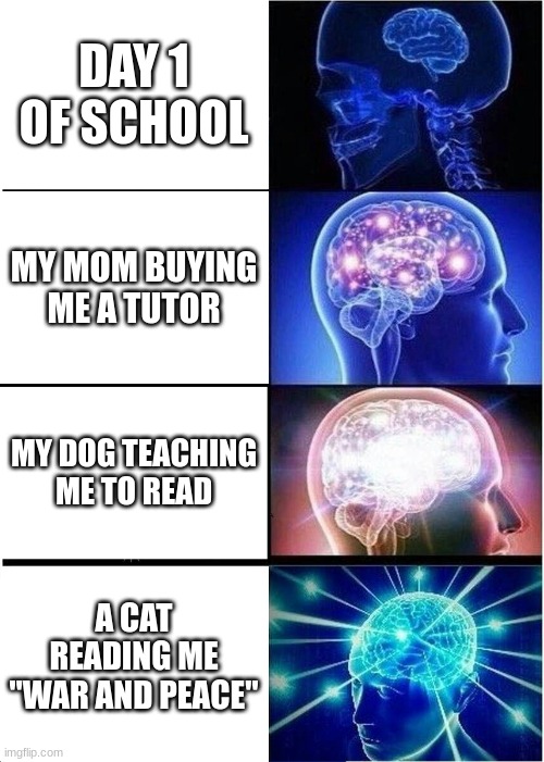 big brain moment | DAY 1 OF SCHOOL; MY MOM BUYING ME A TUTOR; MY DOG TEACHING ME TO READ; A CAT READING ME "WAR AND PEACE" | image tagged in memes,expanding brain | made w/ Imgflip meme maker