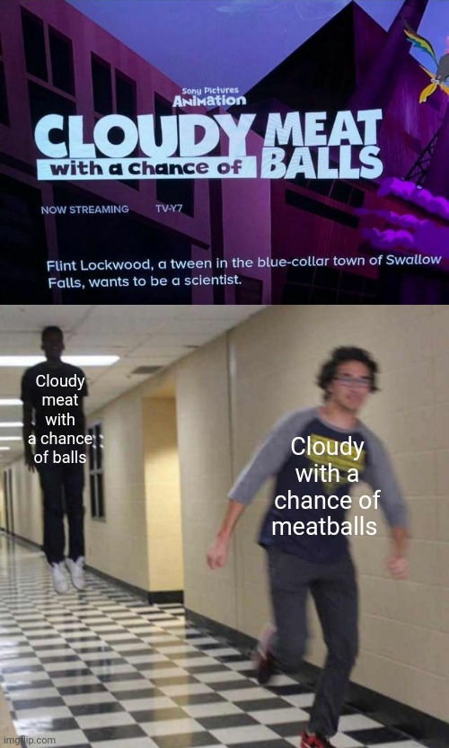 Cloudy with a chance of meatballs | Cloudy meat with a chance of balls; Cloudy with a chance of meatballs | image tagged in floating boy chasing running boy,cloudy with a chance of meatballs,you had one job,memes,meme,meatballs | made w/ Imgflip meme maker