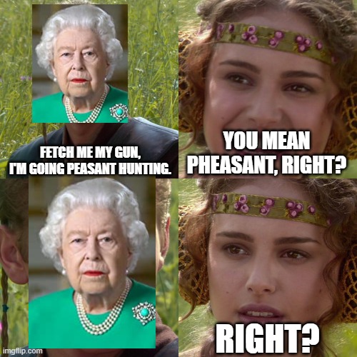 Queen Elizabeth II Hunting | FETCH ME MY GUN, I'M GOING PEASANT HUNTING. YOU MEAN PHEASANT, RIGHT? RIGHT? | image tagged in anakin padme 4 panel | made w/ Imgflip meme maker