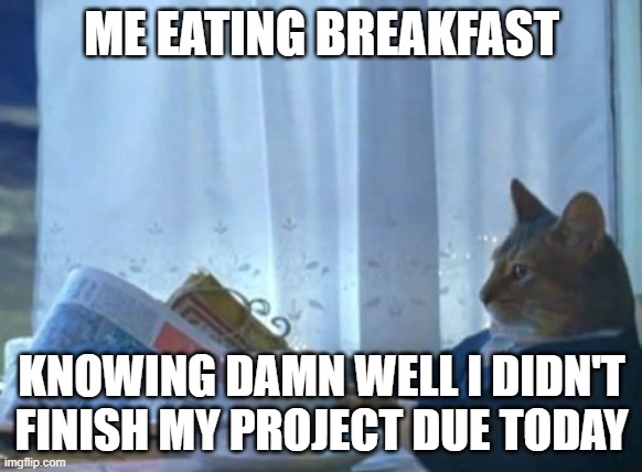 Having a major project due the day | ME EATING BREAKFAST; KNOWING DAMN WELL I DIDN'T FINISH MY PROJECT DUE TODAY | image tagged in memes,i should buy a boat cat,school,project | made w/ Imgflip meme maker