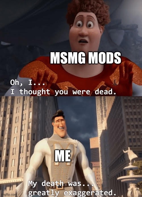 I’ve been banned for like two months? | MSMG MODS; ME | image tagged in my death was greatly exaggerated | made w/ Imgflip meme maker