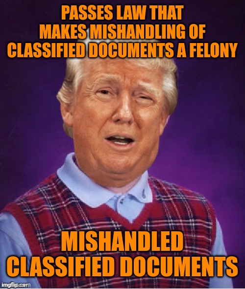 45 is a felon | PASSES LAW THAT MAKES MISHANDLING OF CLASSIFIED DOCUMENTS A FELONY; MISHANDLED CLASSIFIED DOCUMENTS | image tagged in bad luck trump | made w/ Imgflip meme maker