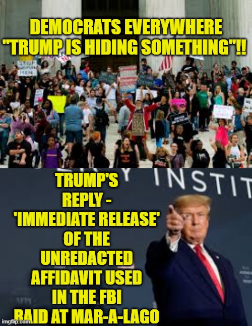 DEMOCRATS EVERYWHERE "TRUMP IS HIDING SOMETHING"!! TRUMP'S REPLY - 'IMMEDIATE RELEASE' OF THE UNREDACTED AFFIDAVIT USED IN THE FBI RAID AT MAR-A-LAGO | made w/ Imgflip meme maker