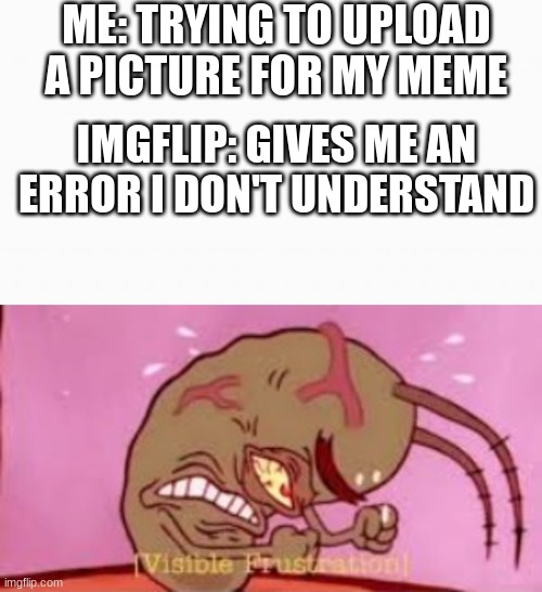 Be specific please |  ME: TRYING TO UPLOAD A PICTURE FOR MY MEME; IMGFLIP: GIVES ME AN ERROR I DON'T UNDERSTAND | image tagged in white box,visible frustration | made w/ Imgflip meme maker