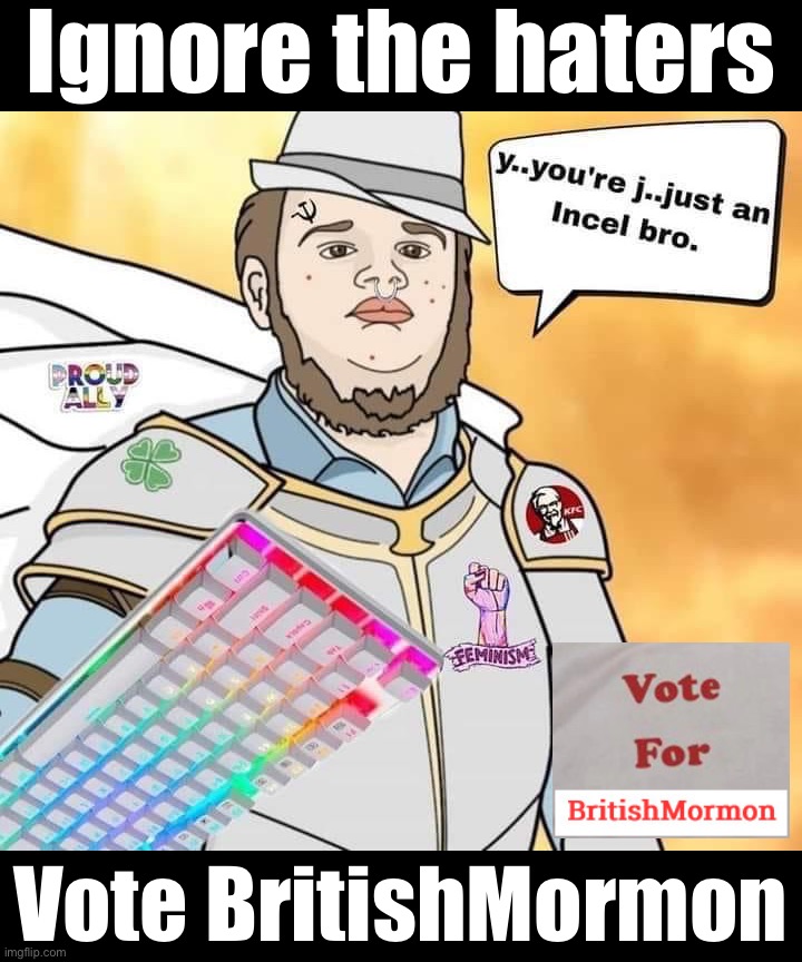 Vote BritishMormon to stick it to LGBTQ, Marxists, feminists, neckbeards, KFC enjoyers, Irish nationalists, anime fans, knights, | Ignore the haters; Vote BritishMormon | image tagged in you re just an incel bro,v,o,t,e,britishmormon | made w/ Imgflip meme maker