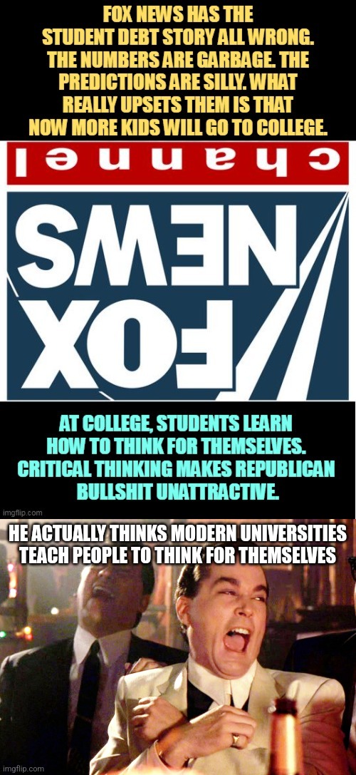 Only a moron who recently raduated for a leftist university could be this brain washed | HE ACTUALLY THINKS MODERN UNIVERSITIES TEACH PEOPLE TO THINK FOR THEMSELVES | image tagged in memes,good fellas hilarious | made w/ Imgflip meme maker