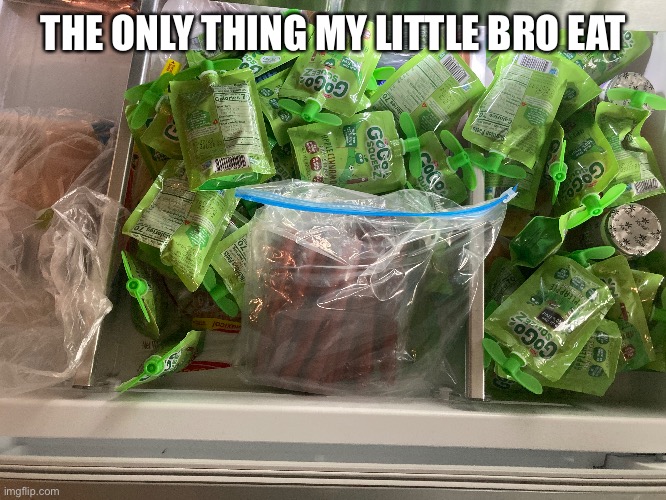 GoGo | THE ONLY THING MY LITTLE BRO EAT | image tagged in fun,fun stream,funny memes,memes,funny,fresh memes | made w/ Imgflip meme maker