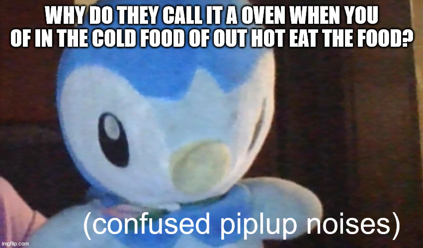 confusion piplup | WHY DO THEY CALL IT A OVEN WHEN YOU OF IN THE COLD FOOD OF OUT HOT EAT THE FOOD? | image tagged in confusion piplup | made w/ Imgflip meme maker