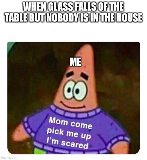 Patrick Mom come pick me up I'm scared |  WHEN GLASS FALLS OF THE TABLE BUT NOBODY IS IN THE HOUSE; ME | image tagged in patrick mom come pick me up i'm scared,memes | made w/ Imgflip meme maker