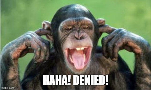 chimp denial | HAHA! DENIED! | image tagged in chimp denial | made w/ Imgflip meme maker