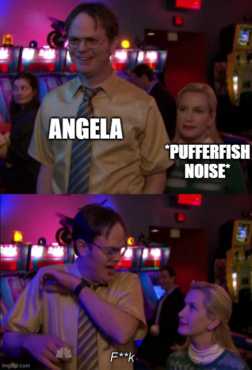 Angela scared Dwight | ANGELA; *PUFFERFISH NOISE* | image tagged in angela scared dwight | made w/ Imgflip meme maker