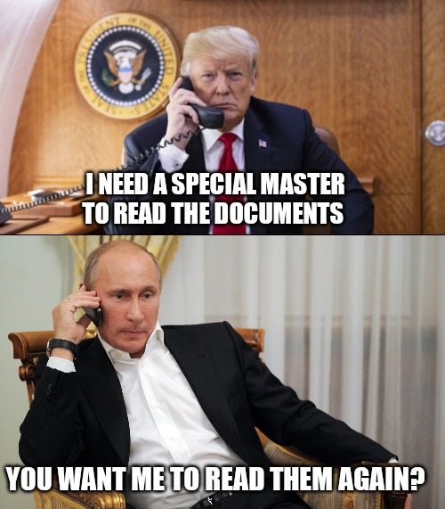 The Special Master | I NEED A SPECIAL MASTER TO READ THE DOCUMENTS; YOU WANT ME TO READ THEM AGAIN? | image tagged in trump meme,donald trump vladamir putin,funnymemes | made w/ Imgflip meme maker