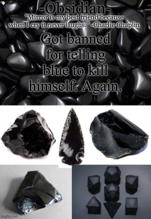 This is why I hate the site mods | Got banned for telling blue to kill himself. Again. | image tagged in obsidian | made w/ Imgflip meme maker