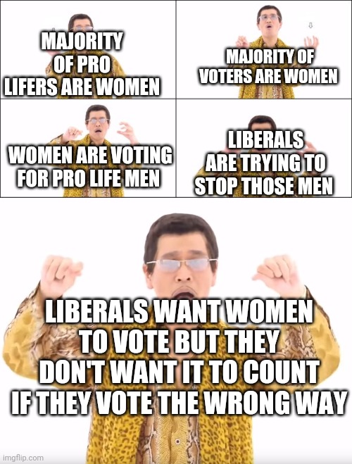 'we don't want men to control women's bodies'.  51% of his female voters be like -_- | MAJORITY OF VOTERS ARE WOMEN; MAJORITY OF PRO LIFERS ARE WOMEN; LIBERALS ARE TRYING TO STOP THOSE MEN; WOMEN ARE VOTING FOR PRO LIFE MEN; LIBERALS WANT WOMEN TO VOTE BUT THEY DON'T WANT IT TO COUNT IF THEY VOTE THE WRONG WAY | image tagged in pineapple pen,pen pineapple apple pen | made w/ Imgflip meme maker