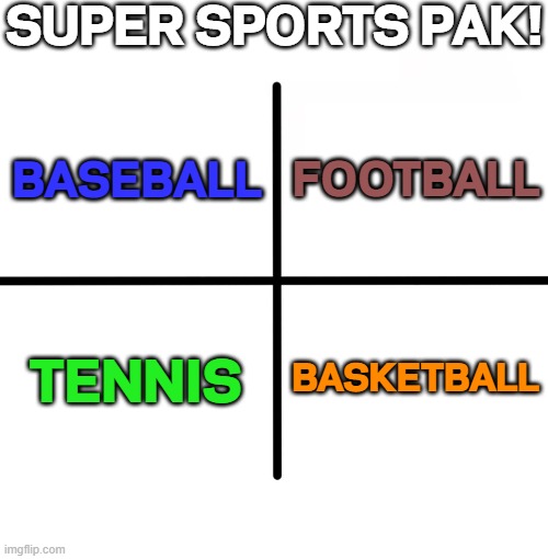 Super Sports Pak! | SUPER SPORTS PAK! FOOTBALL; BASEBALL; TENNIS; BASKETBALL | image tagged in memes,blank starter pack,funny,sports,super sports pak | made w/ Imgflip meme maker