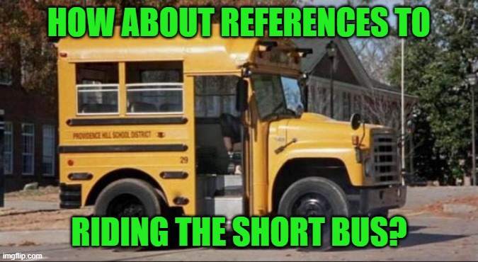 short bus | HOW ABOUT REFERENCES TO RIDING THE SHORT BUS? | image tagged in short bus | made w/ Imgflip meme maker