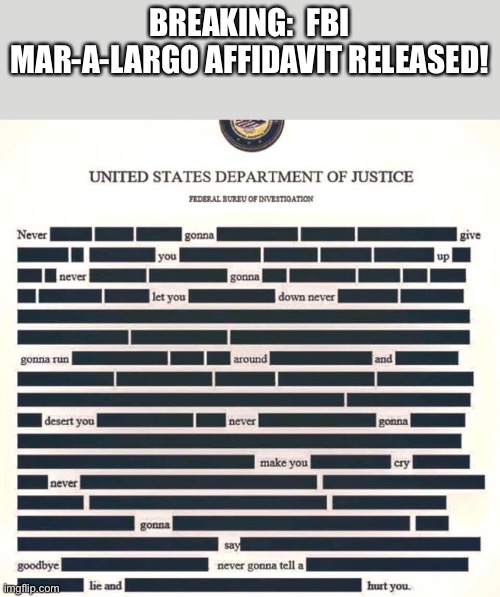 FBI Mar-a-Lago Affidavit Released! | BREAKING:  FBI MAR-A-LARGO AFFIDAVIT RELEASED! | image tagged in redacted rick roll | made w/ Imgflip meme maker