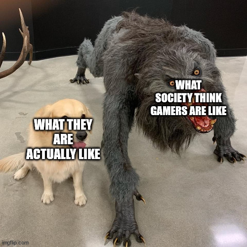 Good dog scary dog | WHAT SOCIETY THINK GAMERS ARE LIKE; WHAT THEY ARE ACTUALLY LIKE | image tagged in good dog scary dog | made w/ Imgflip meme maker