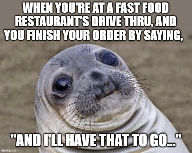 That Awkward Moment | WHEN YOU'RE AT A FAST FOOD RESTAURANT'S DRIVE THRU, AND YOU FINISH YOUR ORDER BY SAYING, "AND I'LL HAVE THAT TO GO..." | image tagged in memes,awkward moment sealion,cringe,cringe worthy,funny,lol | made w/ Imgflip meme maker