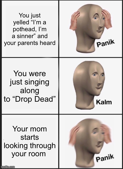 i’m a grandson stan, so i’ll see how many grandson memes i can make without getting political | You just yelled “I’m a pothead, I’m a sinner” and your parents heard; You were just singing along to “Drop Dead”; Your mom starts looking through your room | image tagged in memes,panik kalm panik,granny,rock music,music | made w/ Imgflip meme maker