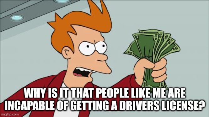Shut Up And Take My Money Fry Meme | WHY IS IT THAT PEOPLE LIKE ME ARE INCAPABLE OF GETTING A DRIVERS LICENSE? | image tagged in memes,shut up and take my money fry | made w/ Imgflip meme maker