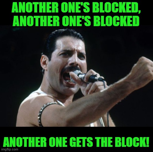 Freddie Mercury | ANOTHER ONE'S BLOCKED, ANOTHER ONE'S BLOCKED ANOTHER ONE GETS THE BLOCK! | image tagged in freddie mercury | made w/ Imgflip meme maker