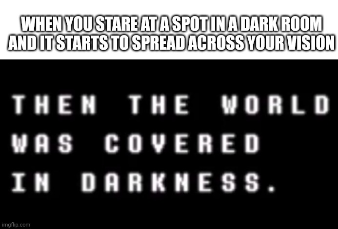 Is this just me? | WHEN YOU STARE AT A SPOT IN A DARK ROOM AND IT STARTS TO SPREAD ACROSS YOUR VISION | image tagged in deltarune game over | made w/ Imgflip meme maker