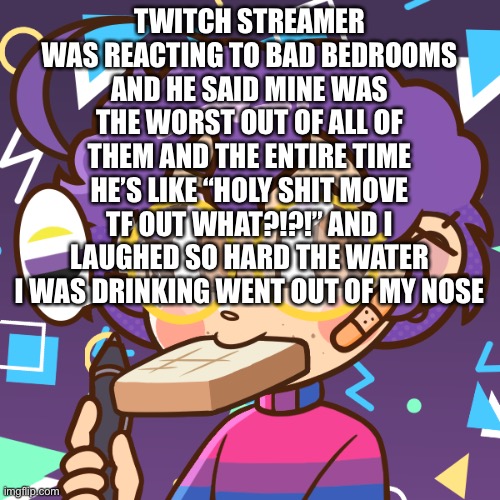 room might be so bad it ends up being the thumbnail for the youtube video based on this stream | TWITCH STREAMER WAS REACTING TO BAD BEDROOMS AND HE SAID MINE WAS THE WORST OUT OF ALL OF THEM AND THE ENTIRE TIME HE’S LIKE “HOLY SHIT MOVE TF OUT WHAT?!?!” AND I LAUGHED SO HARD THE WATER I WAS DRINKING WENT OUT OF MY NOSE | image tagged in cooper bread | made w/ Imgflip meme maker