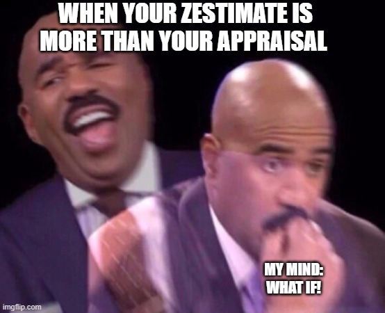 Steve Harvey Laughing Serious | WHEN YOUR ZESTIMATE IS MORE THAN YOUR APPRAISAL; MY MIND:
WHAT IF! | image tagged in steve harvey laughing serious | made w/ Imgflip meme maker