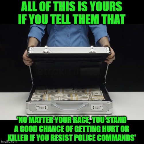 Money Briefcase | ALL OF THIS IS YOURS IF YOU TELL THEM THAT 'NO MATTER YOUR RACE, YOU STAND A GOOD CHANCE OF GETTING HURT OR KILLED IF YOU RESIST POLICE COMM | image tagged in money briefcase | made w/ Imgflip meme maker