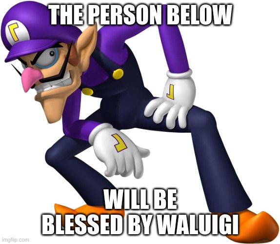 waluigi time | THE PERSON BELOW; WILL BE BLESSED BY WALUIGI | image tagged in memes,funny,waluigi,the person below me,blessed,e | made w/ Imgflip meme maker