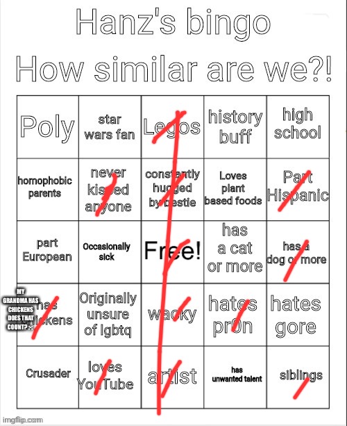 Bingo- | MY GRANDMA HAS CHICKENS DOES THAT COUNT? ;-; | made w/ Imgflip meme maker