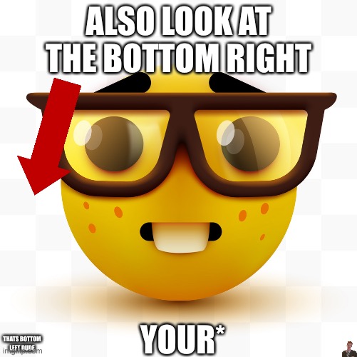 Nerd emoji | ALSO LOOK AT THE BOTTOM RIGHT YOUR* THATS BOTTOM LEFT DUDE | image tagged in nerd emoji | made w/ Imgflip meme maker