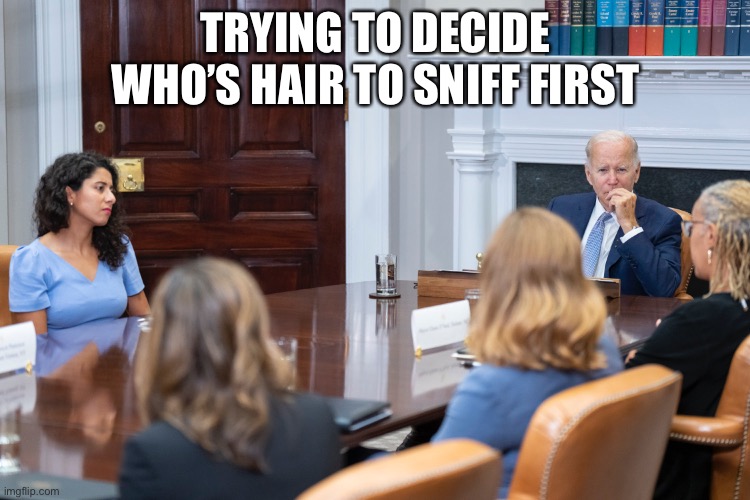 Joe Biden | TRYING TO DECIDE WHO’S HAIR TO SNIFF FIRST | image tagged in joe biden,letsgobrandon,bidenmemes,hairsniff,ocd | made w/ Imgflip meme maker