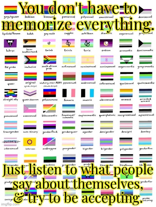There's a lot I don't know either. | You don't have to memorize everything. Just listen to what people
say about themselves, & try to be accepting. | image tagged in so many pride flags,lgbt,these are confusing times,learning | made w/ Imgflip meme maker