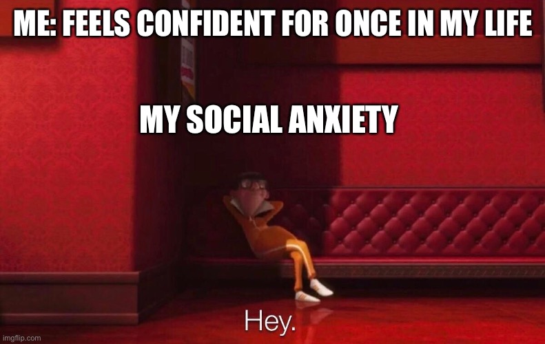 Vector | ME: FEELS CONFIDENT FOR ONCE IN MY LIFE; MY SOCIAL ANXIETY | image tagged in vector | made w/ Imgflip meme maker