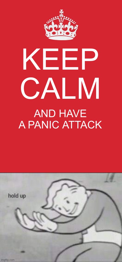 Contradictory | KEEP CALM; AND HAVE A PANIC ATTACK | image tagged in memes,keep calm and carry on red,fallout hold up | made w/ Imgflip meme maker