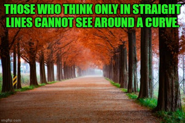 Quote | THOSE WHO THINK ONLY IN STRAIGHT LINES CANNOT SEE AROUND A CURVE. | image tagged in visible confusion | made w/ Imgflip meme maker