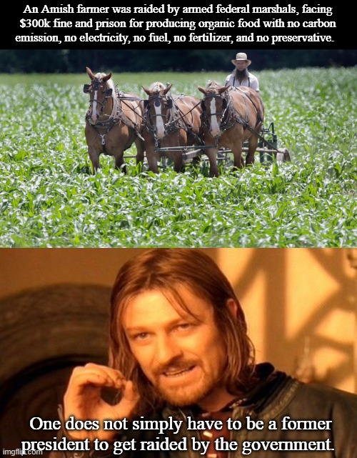 An Amish farmer was raided by armed federal marshals, facing $300k fine and prison for producing organic food with no carbon emission, no electricity, no fuel, no fertilizer, and no preservative. One does not simply have to be a former president to get raided by the government. | image tagged in memes,one does not simply | made w/ Imgflip meme maker