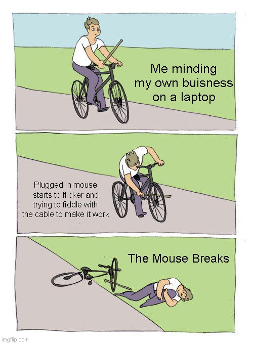 Mouse Fail | Me minding my own buisness on a laptop; Plugged in mouse starts to flicker and trying to fiddle with the cable to make it work; The Mouse Breaks | image tagged in memes,bike fall | made w/ Imgflip meme maker