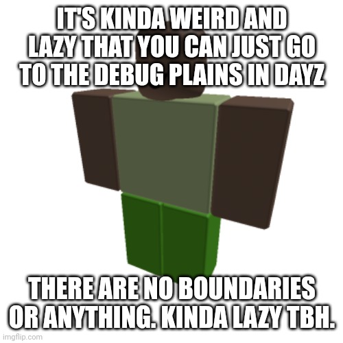 Roblox oc | IT'S KINDA WEIRD AND LAZY THAT YOU CAN JUST GO TO THE DEBUG PLAINS IN DAYZ; THERE ARE NO BOUNDARIES OR ANYTHING. KINDA LAZY TBH. | image tagged in roblox oc | made w/ Imgflip meme maker