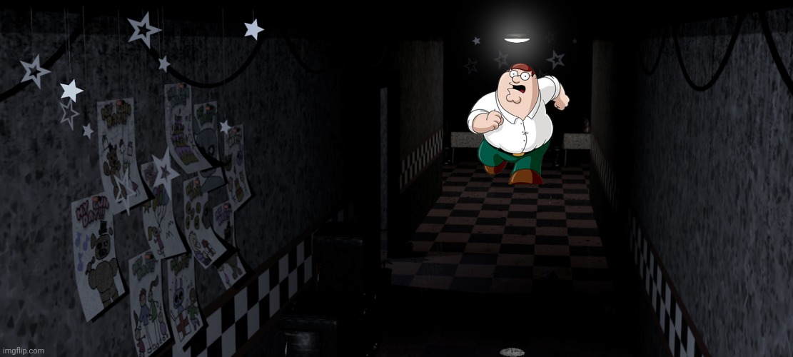 Peter griffin runs down fnaf hallway | image tagged in fnaf foxy's hallway | made w/ Imgflip meme maker