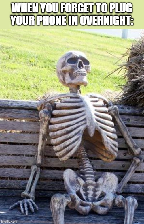 Waiting Skeleton | WHEN YOU FORGET TO PLUG YOUR PHONE IN OVERNIGHT: | image tagged in memes,waiting skeleton | made w/ Imgflip meme maker