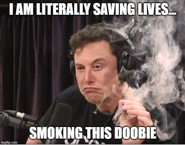 Elon Musk Saving Lives |  I AM LITERALLY SAVING LIVES... SMOKING THIS DOOBIE | image tagged in elon musk smoking a joint | made w/ Imgflip meme maker