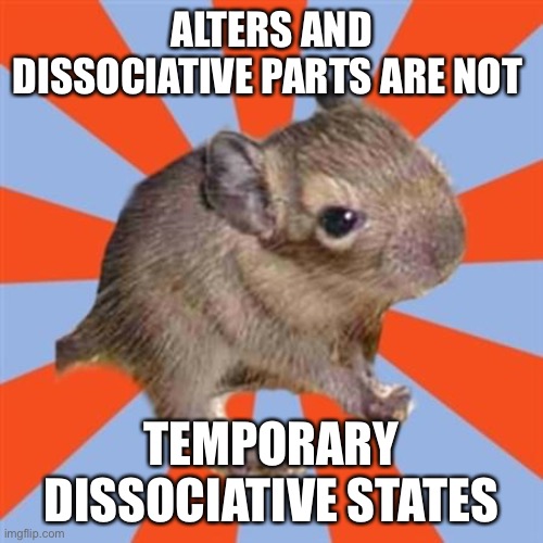 Dissociative Identity Disorder and OSDD - not the same as temporary dissociative states | ALTERS AND DISSOCIATIVE PARTS ARE NOT; TEMPORARY DISSOCIATIVE STATES | image tagged in dissociative degu,dissociative identity disorder,osdd,dissociative state,dissociation,parts | made w/ Imgflip meme maker