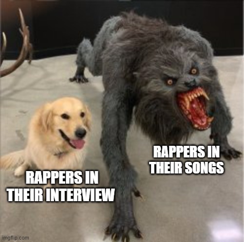 THE FUNY DOG HAHA | RAPPERS IN THEIR SONGS; RAPPERS IN THEIR INTERVIEW | image tagged in the funy dog haha | made w/ Imgflip meme maker