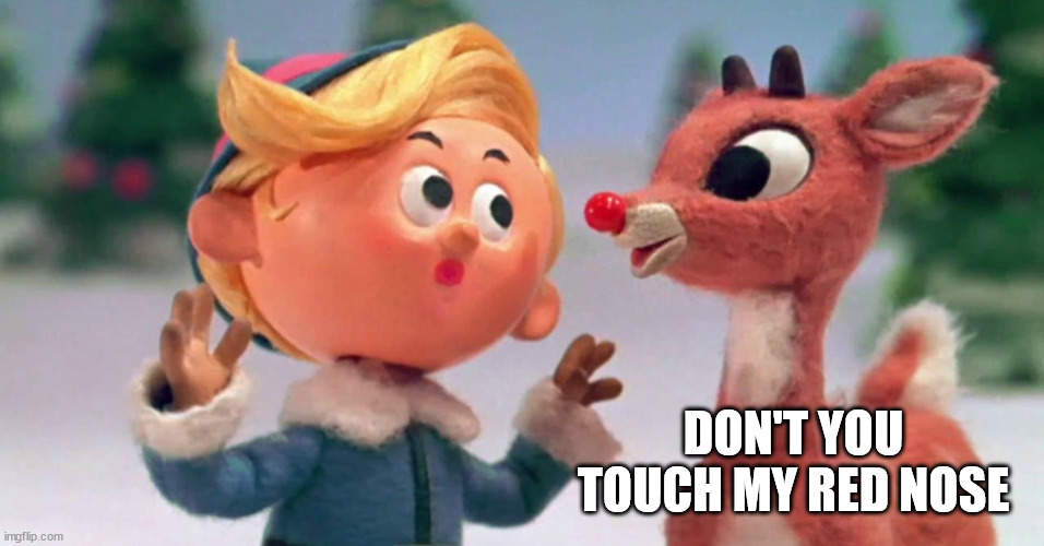 Ruldouph the Red Nose Reindeer | DON'T YOU TOUCH MY RED NOSE | image tagged in ruldouph the red nose reindeer | made w/ Imgflip meme maker