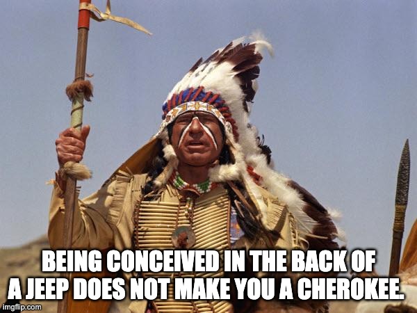 Jeep | BEING CONCEIVED IN THE BACK OF A JEEP DOES NOT MAKE YOU A CHEROKEE. | image tagged in indian chief | made w/ Imgflip meme maker