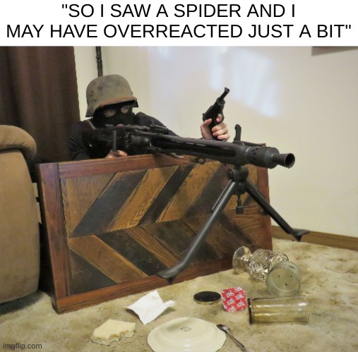 yeah its just the fight or flight response kicking in, totally normal | "SO I SAW A SPIDER AND I MAY HAVE OVERREACTED JUST A BIT" | image tagged in mg42 | made w/ Imgflip meme maker